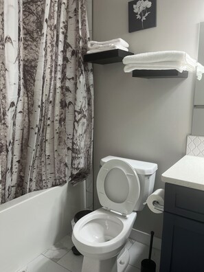 Haartrockner, Handtücher, Seife, Toilettenpapier