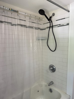 Hair dryer, towels, soap, toilet paper