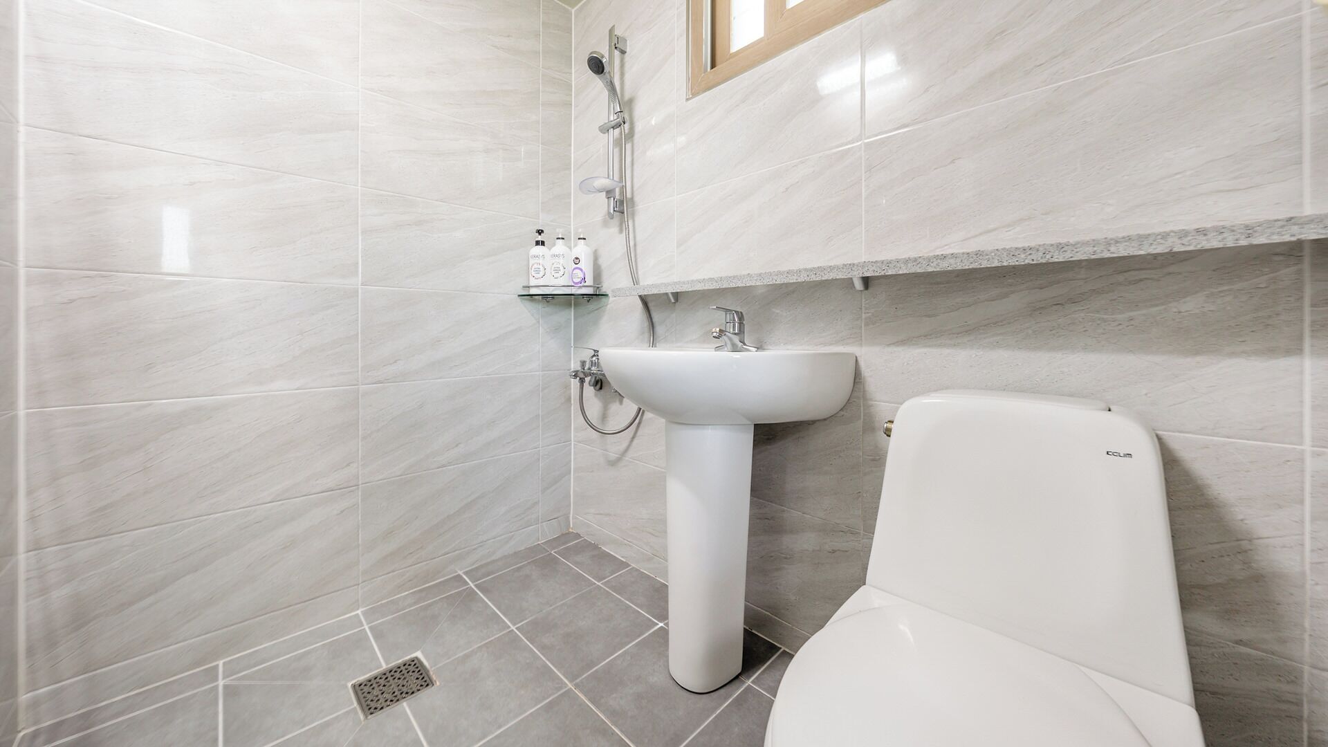 Une salle de bain avec des toilettes, un lavabo et une douche.