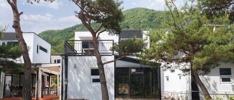 A modern building with a glass facade, surrounded by trees and a grassy area.