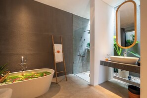 Bañera y ducha independientes, secador de pelo, batas, pantuflas