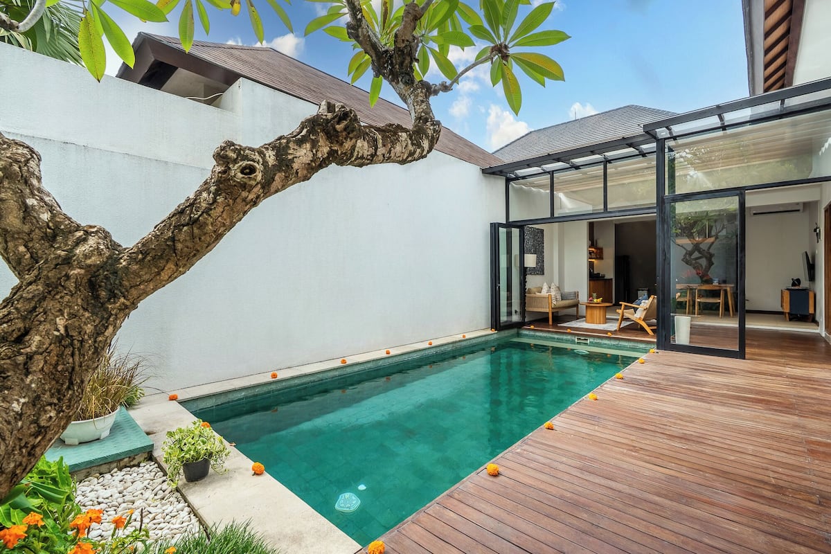 Un área de piscina moderna al aire libre con una terraza de madera, un salón con paredes de vidrio y un árbol.