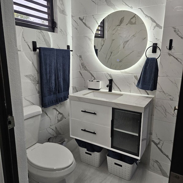 Hair dryer, towels, soap, toilet paper