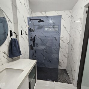 Hair dryer, towels, soap, toilet paper