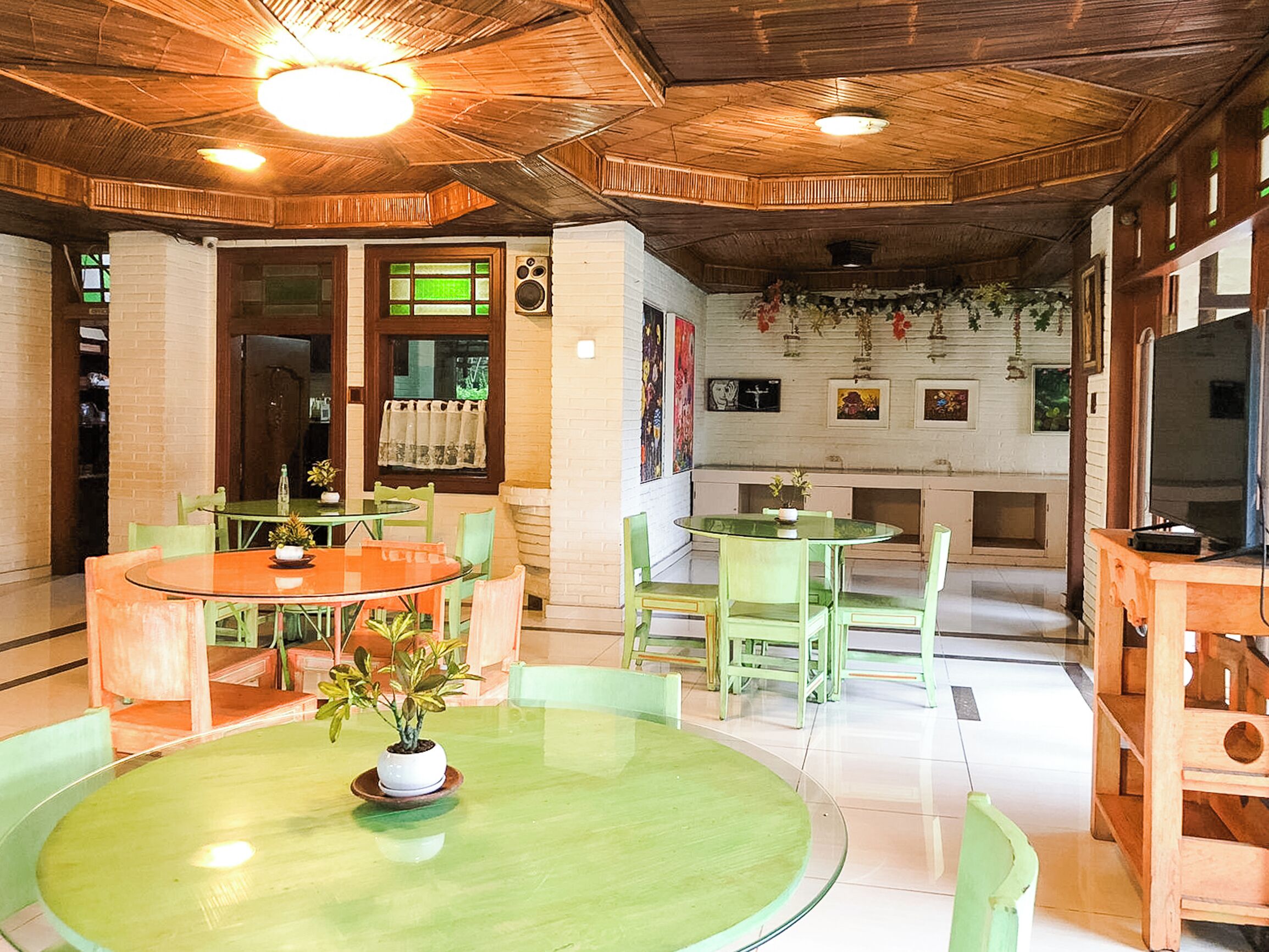 A cozy room with a wooden ceiling, green chairs, a round table with a potted plant, and a television on a wooden stand.