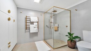 Hair dryer, towels, soap, shampoo