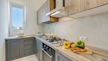 Fridge, oven, stovetop, coffee/tea maker