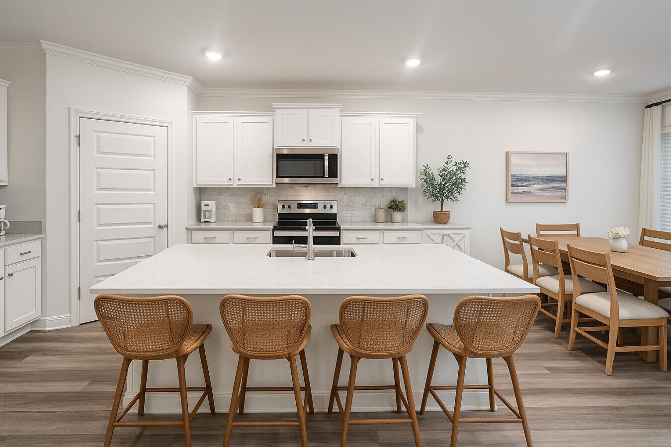 A modern kitchen with white cabinetry, a central island with bar stools, a dining table with chairs, and a view of the ocean through the window.