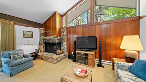TV, fireplace, DVD player, books