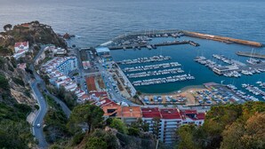 Un pueblo costero con un puerto deportivo, edificios y una carretera serpenteando por el paisaje.