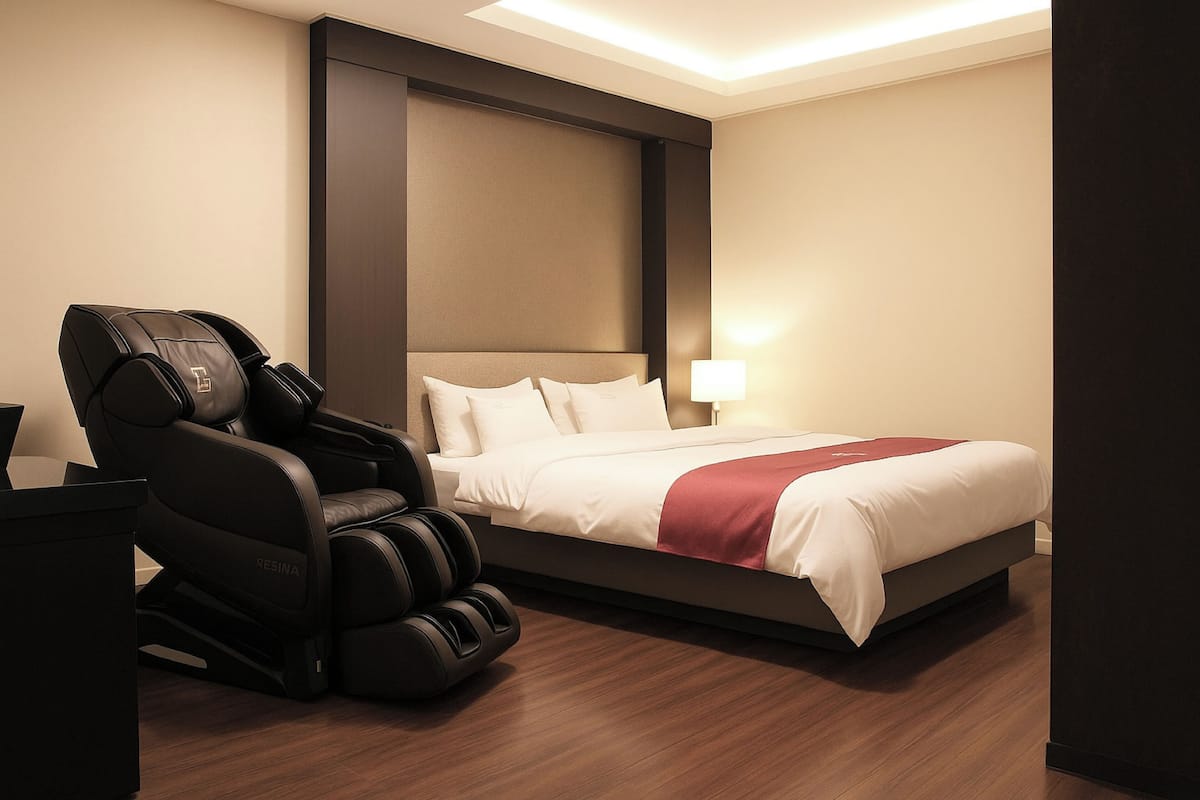 A hotel room with a massage chair, a bed with white bedding and a red throw, and a bedside lamp.