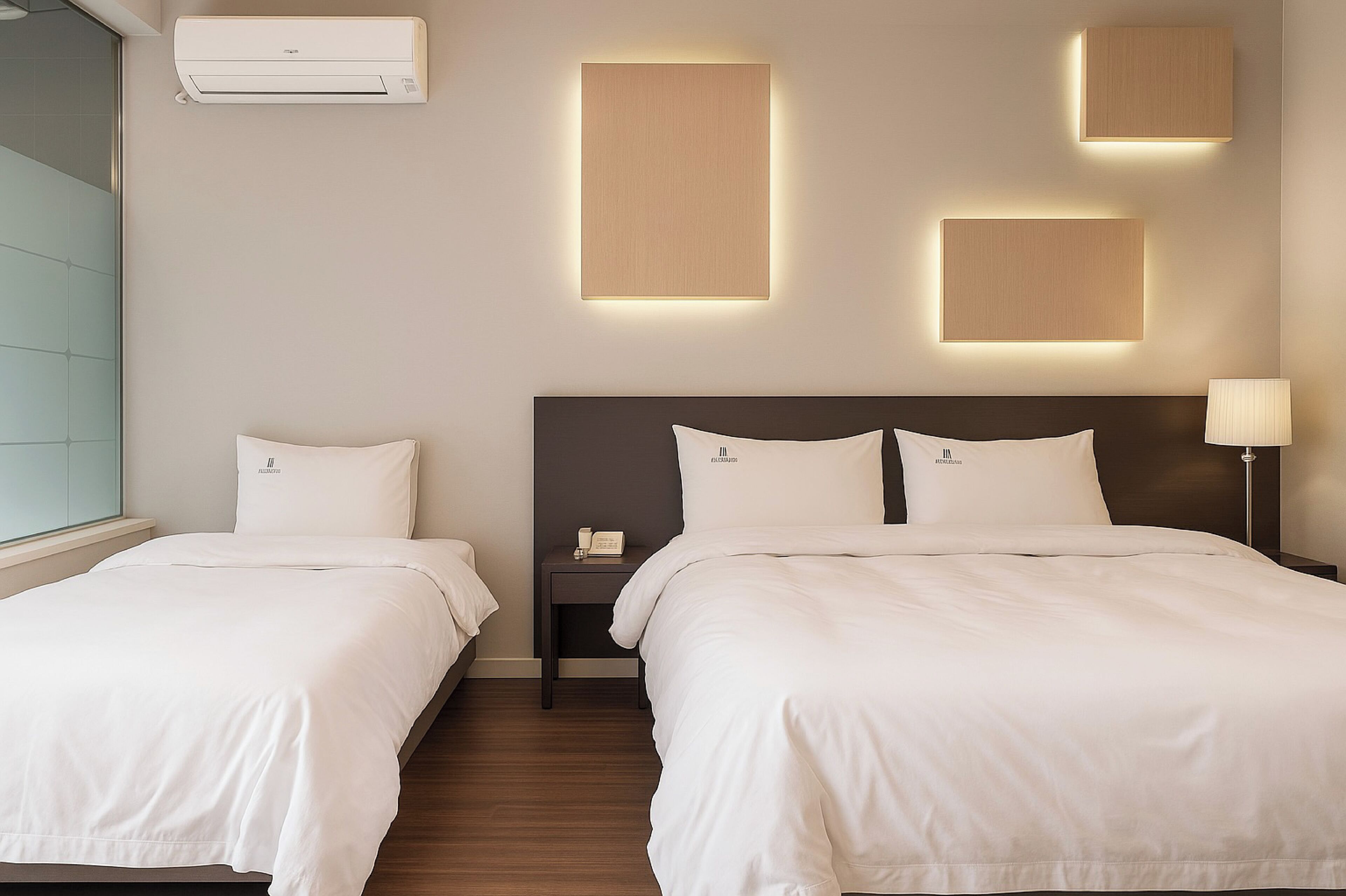 A hotel room with two beds, a wall-mounted air conditioner, and three illuminated wall panels.