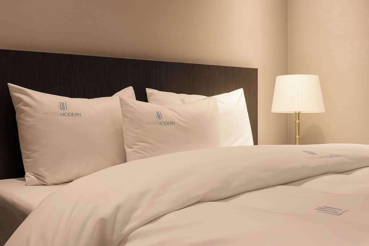 A hotel room with a neatly made bed, two pillows with the hotel logo, and a bedside lamp.