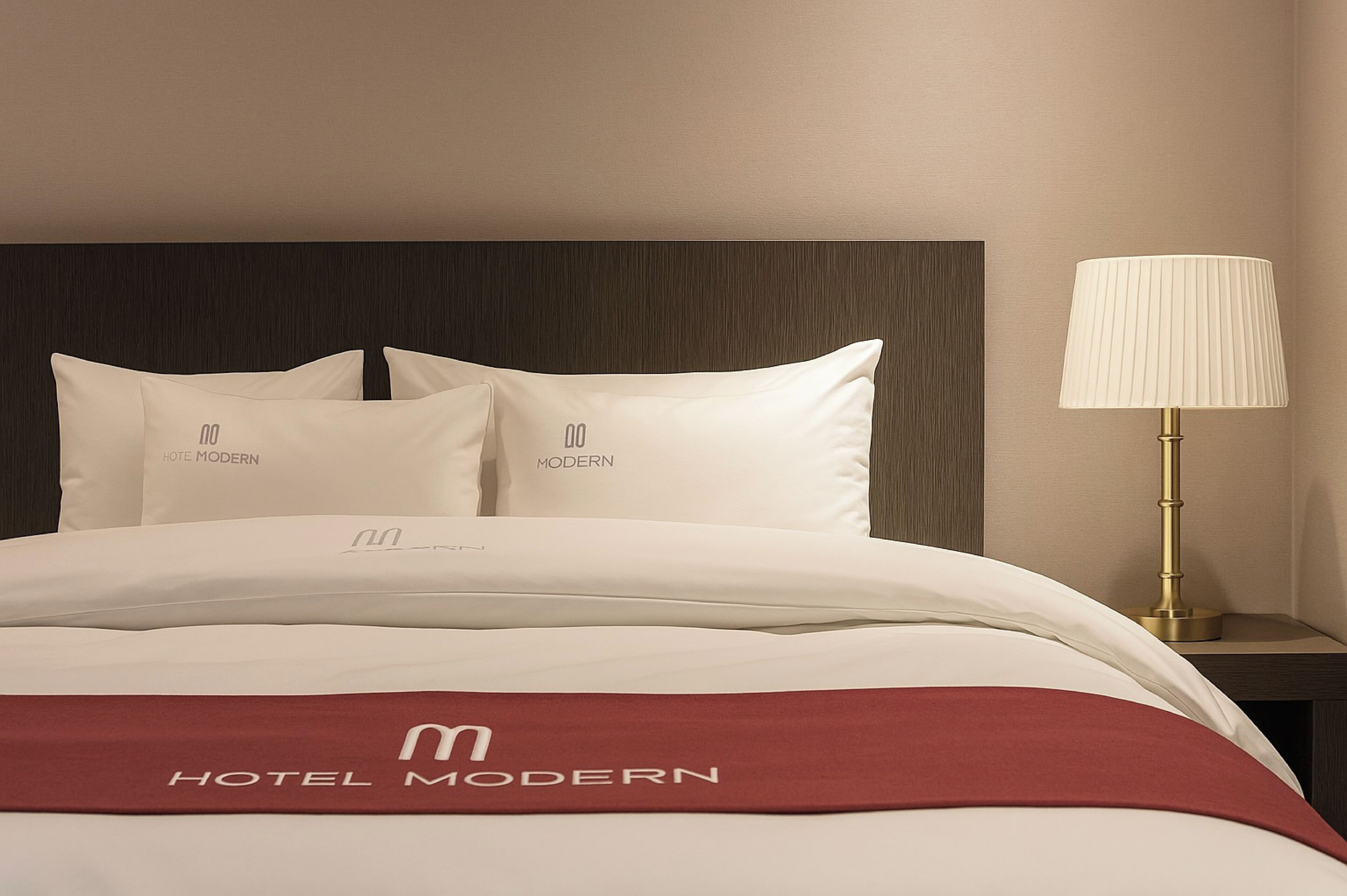 Una cama de hotel con ropa blanca y almohadas, una manta roja con el logotipo del hotel y una lámpara dorada sobre una mesita de noche.