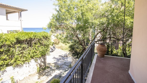 A balcony with a view of the sea, surrounded by greenery and a large pot.