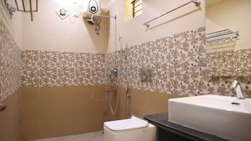 Shower, free toiletries, towels, soap