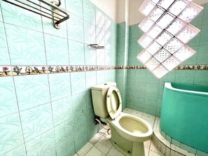 A bathroom with a toilet, a handrail, and a bathtub. - Yani Guesthouse (Bukittinggi)