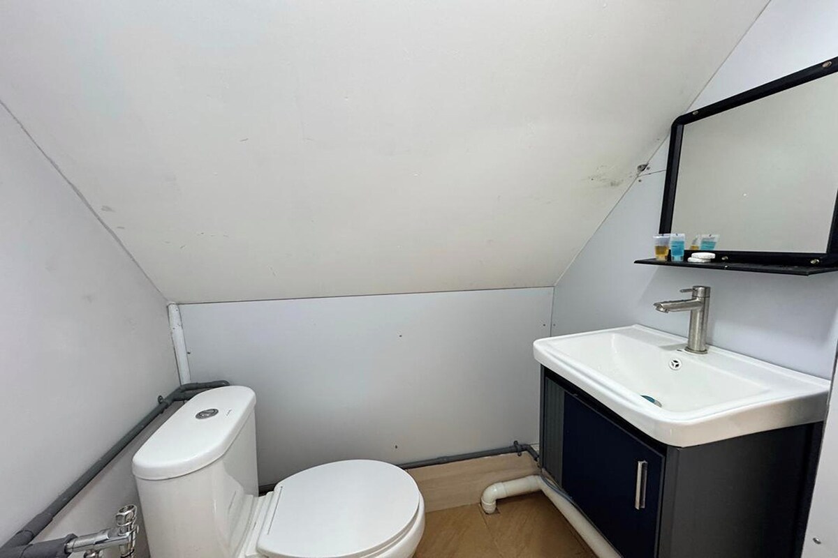 Un baño pequeño y funcional, con inodoro blanco, lavamanos con espejo y repisa para artículos de aseo.