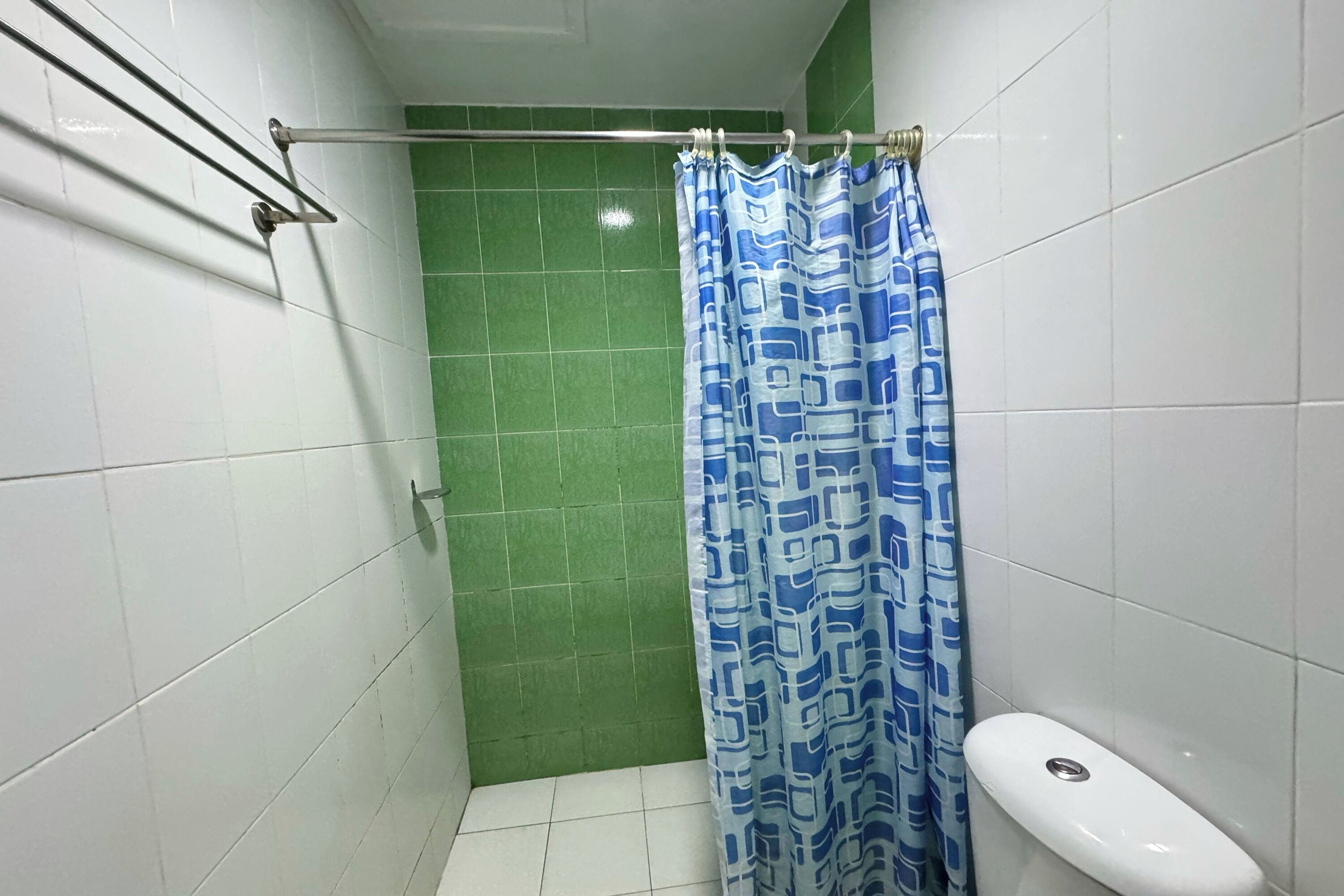 Ein kleines Badezimmer mit Fliesenboden, einer grünen Wand, einer weißen Toilette und einem blauen und weißen Duschvorhang.