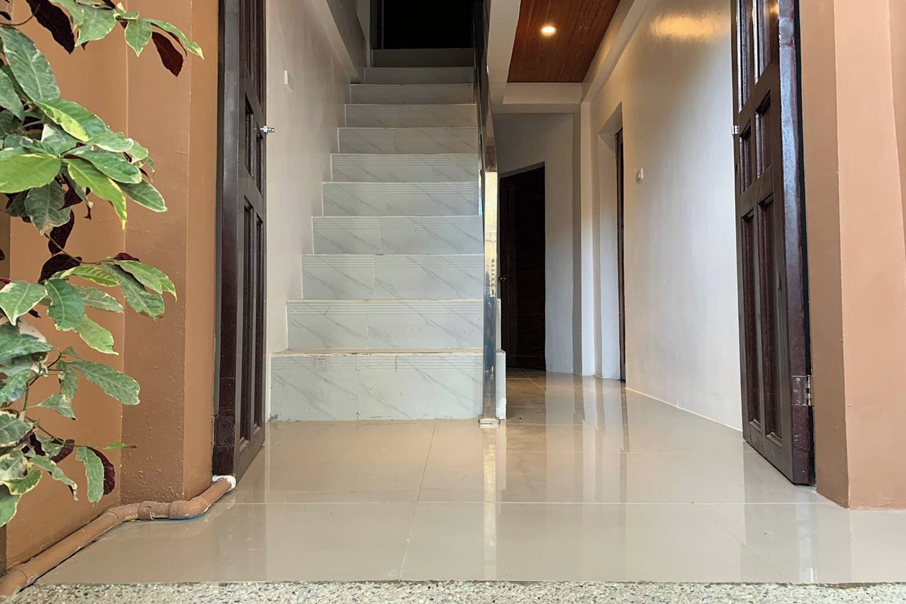 A hallway with a marble staircase leading to a dark room.