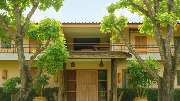 Un bâtiment à deux étages doté d’un balcon, de grandes portes en bois et de plantes en pot.