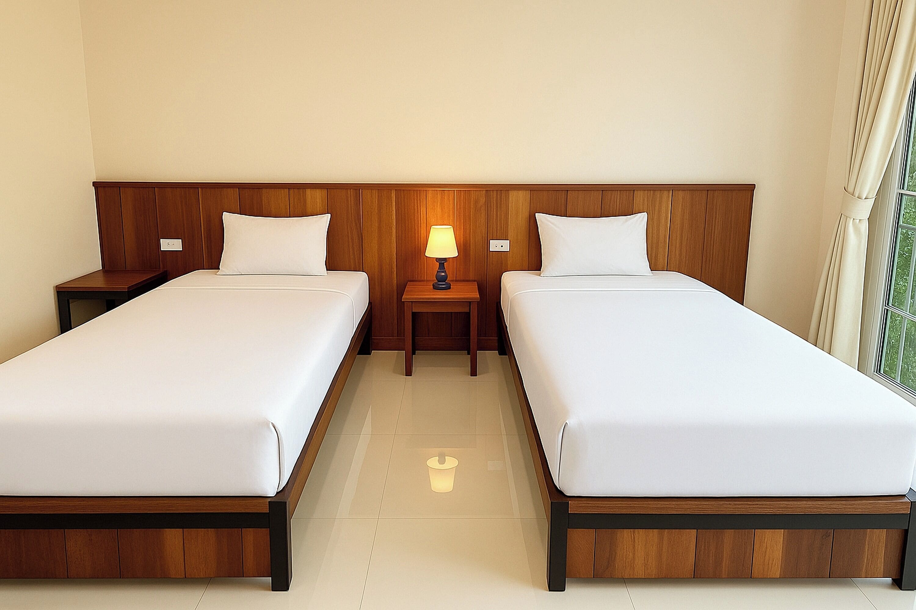 A hotel room with two single beds, a nightstand with a lamp, and a window with curtains.