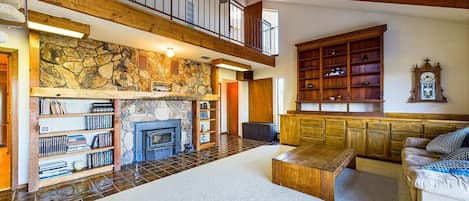 Smart TV, fireplace, books