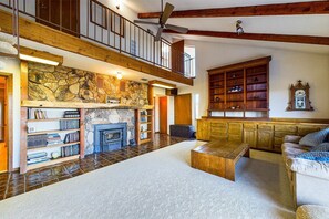 Smart TV, fireplace, books
