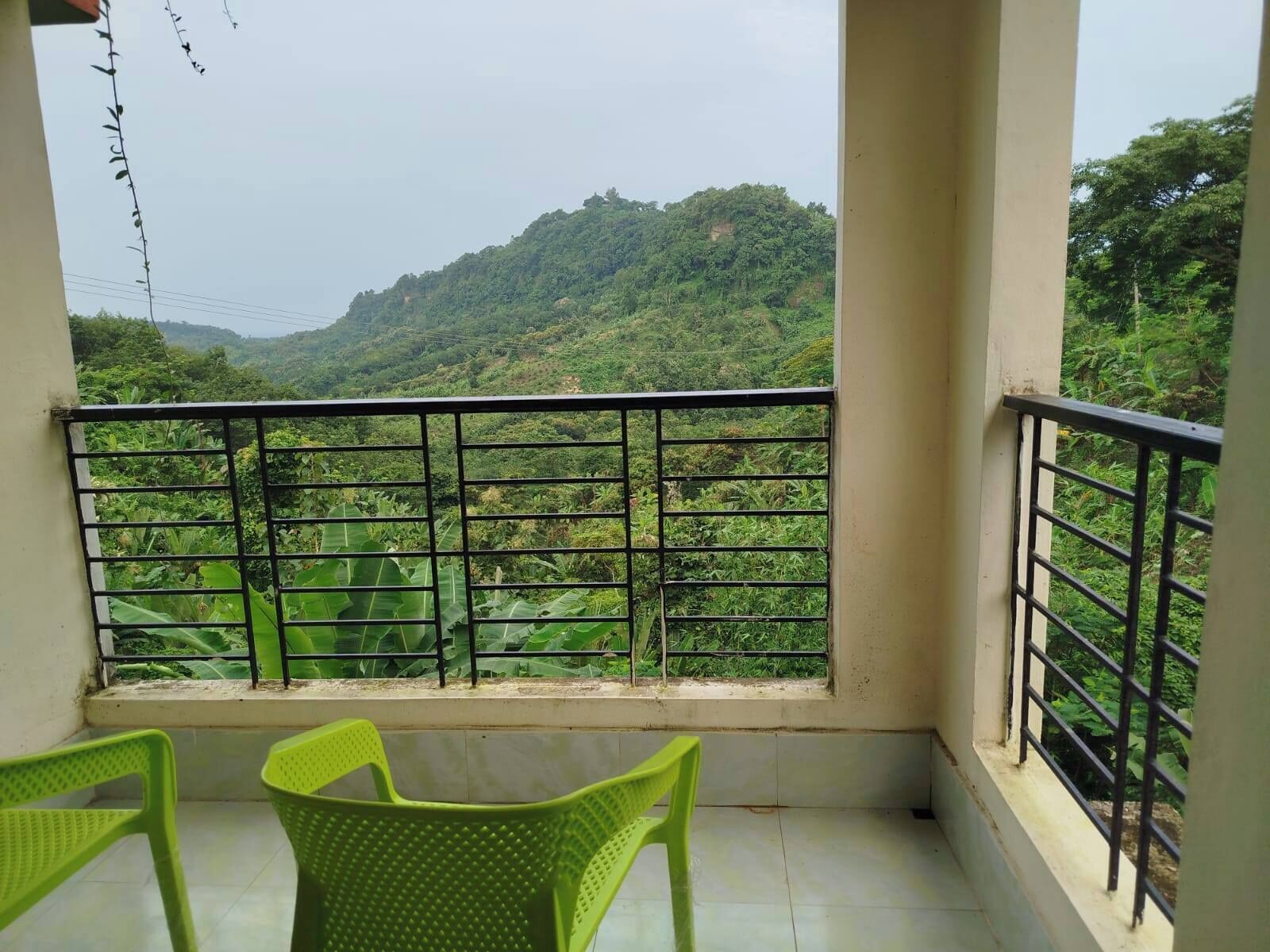 Ein Balkon mit Blick auf eine üppige grüne Landschaft und sanfte Hügel.