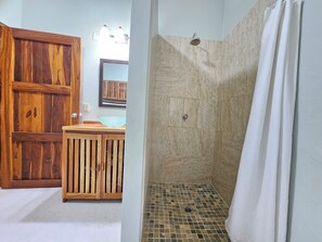 Shower, towels, soap, shampoo