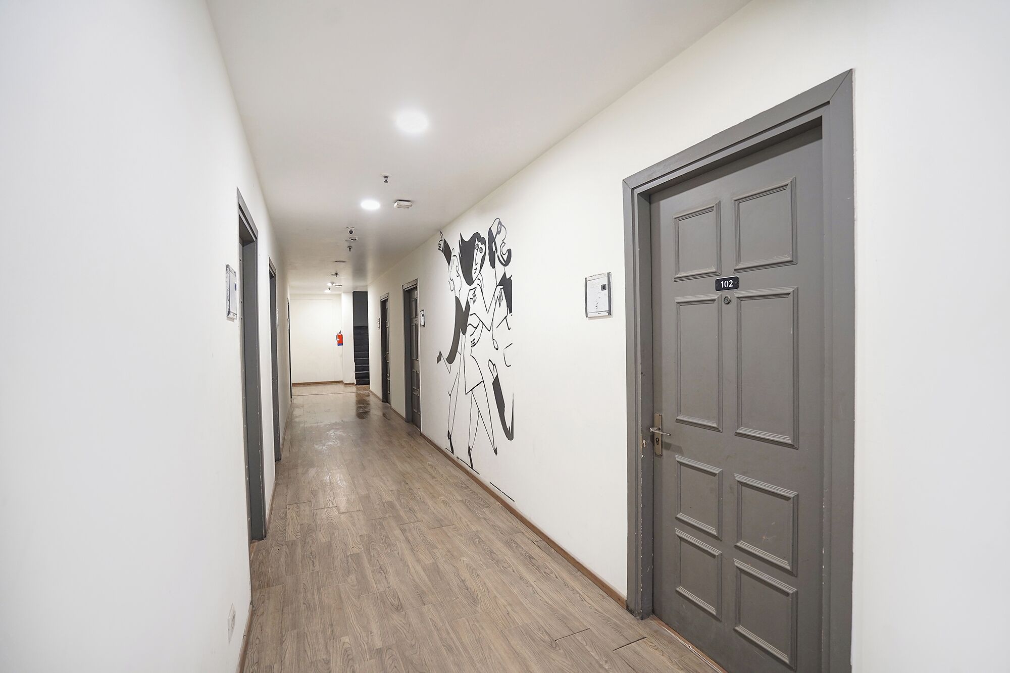 A hallway with wooden flooring, a grey door with the number 102, and a wall with abstract art.