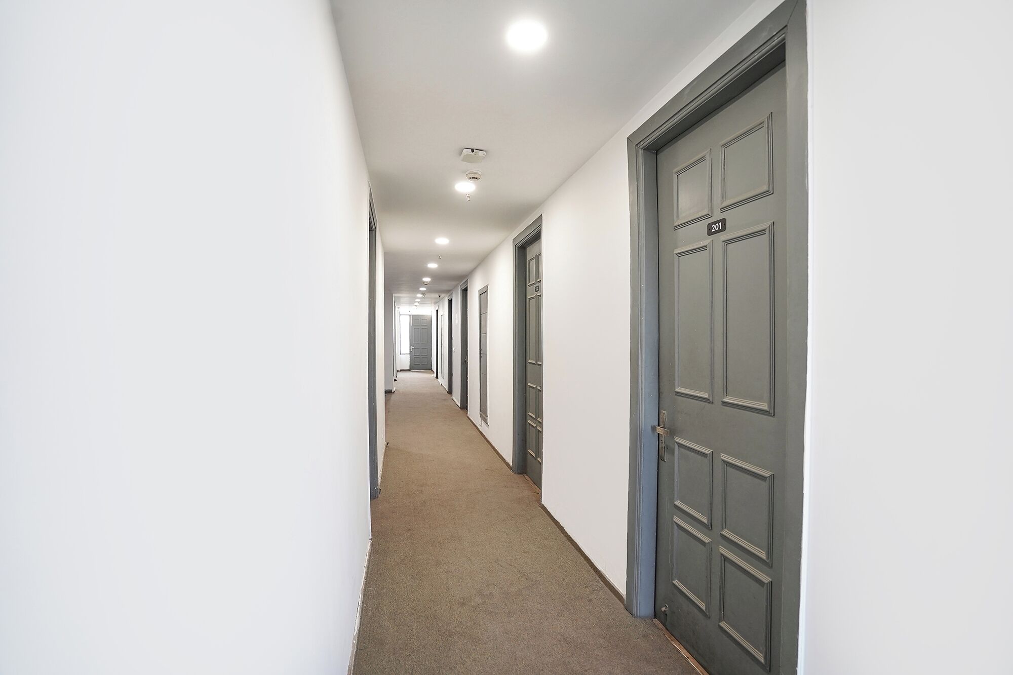 Un pasillo con puertas cerradas, piso alfombrado e iluminación empotrada en el techo.