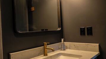 Shower, towels, soap, toilet paper