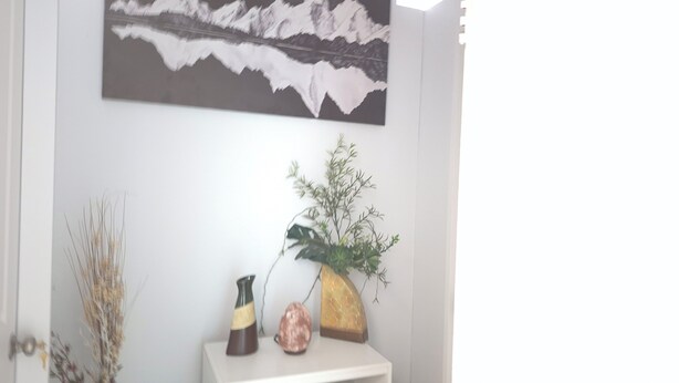 Ein Badezimmer mit weißer Wand, einem Bergpanorama, einer Pflanzvase und einem Dekorationsstein.