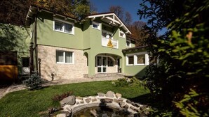 Une maison à deux étages, avec des fondations en pierre, un porche à l’avant et un petit étang.