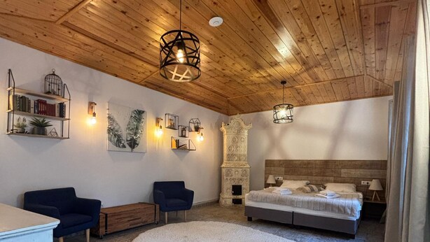 Une chambre confortable avec un plafond en bois, un grand lit, un petit bureau, deux chaises et un élément décoratif mural.