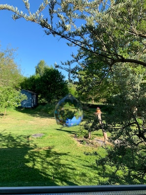 Una burbuja que refleja un árbol y una persona en un jardín.