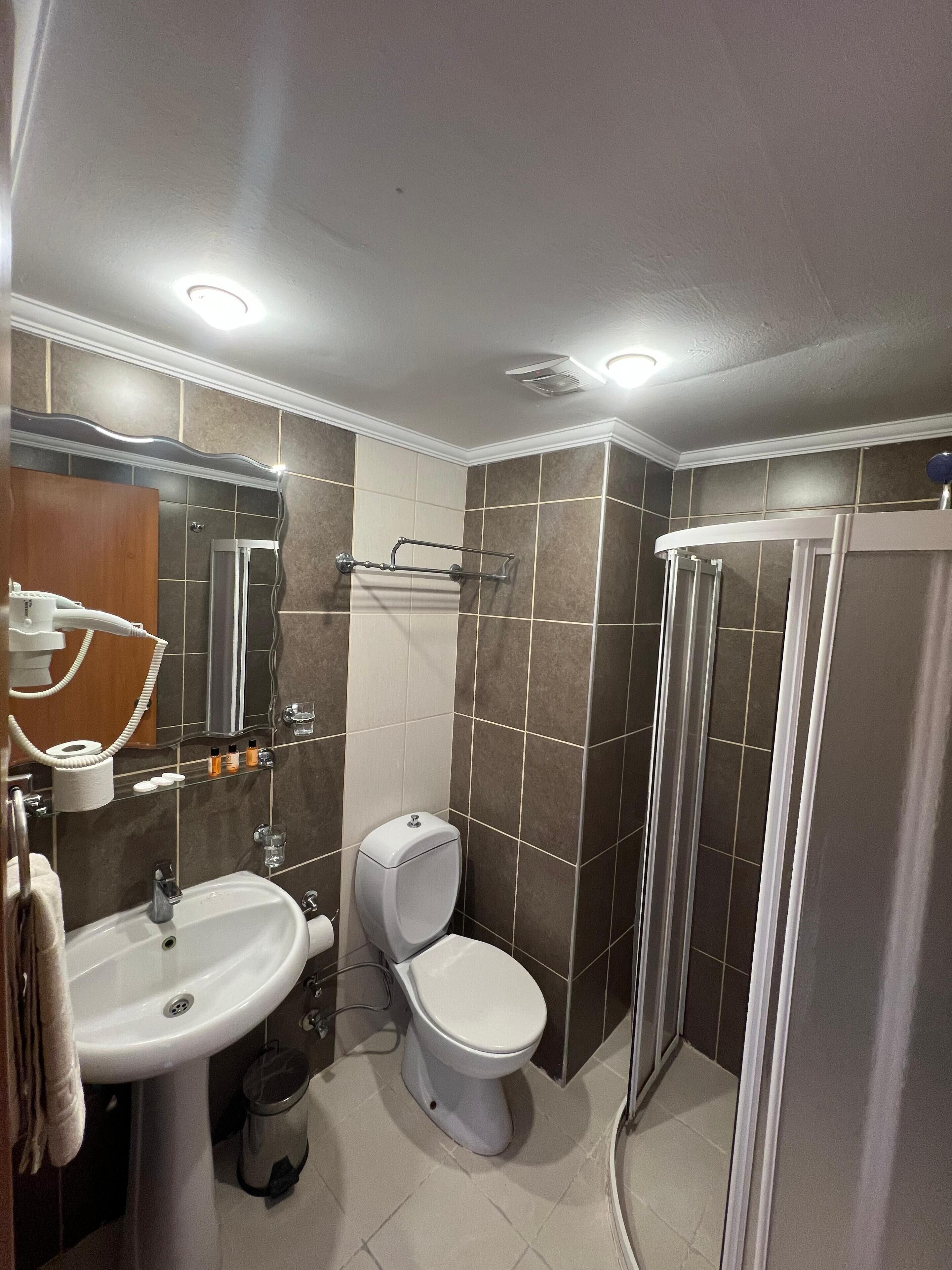 Habitación estándar con 1 cama doble o 2 individuales, vistas a la piscina | Baño | Ducha, artículos de higiene personal gratuitos y secador de pelo