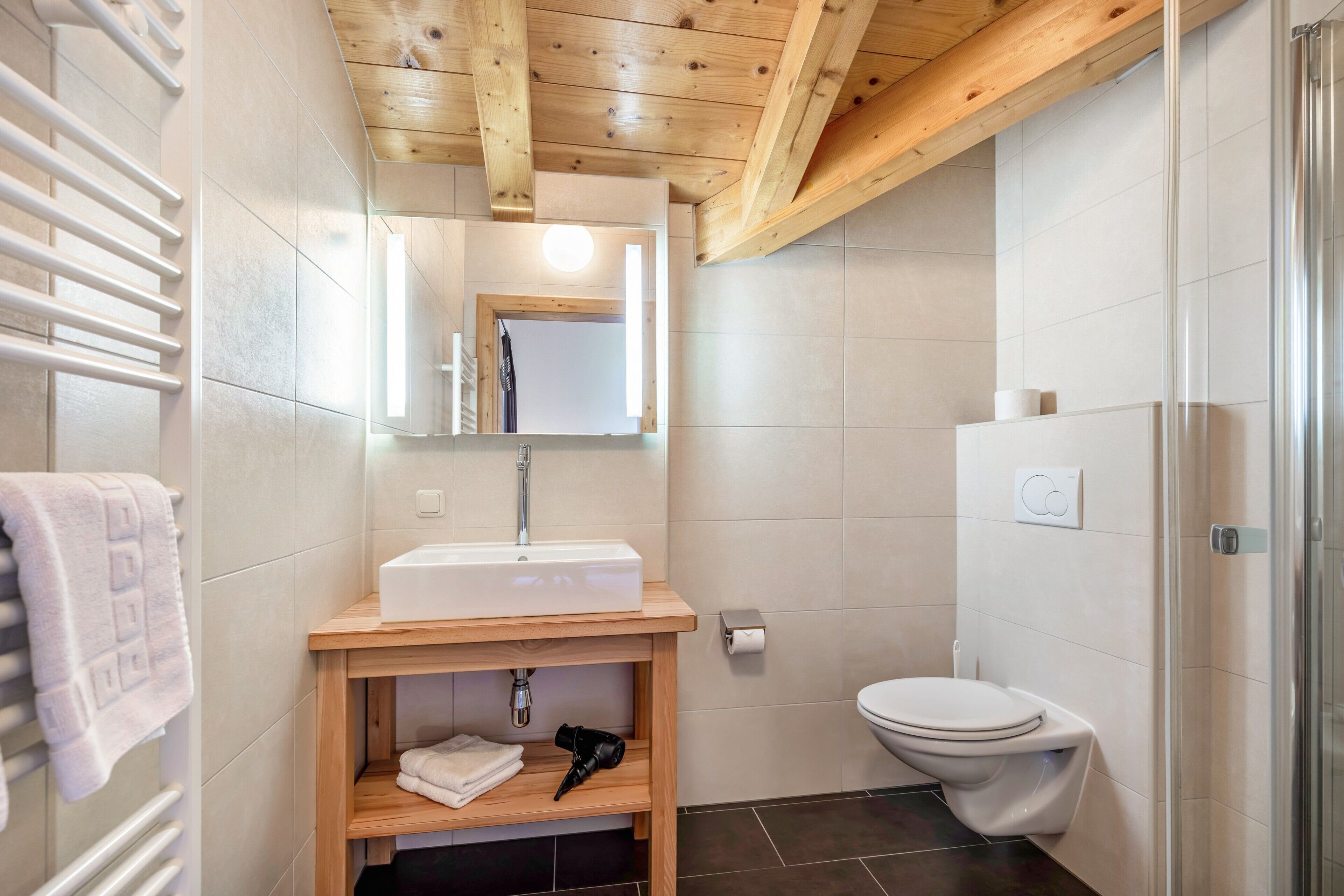 Shower, hair dryer, towels