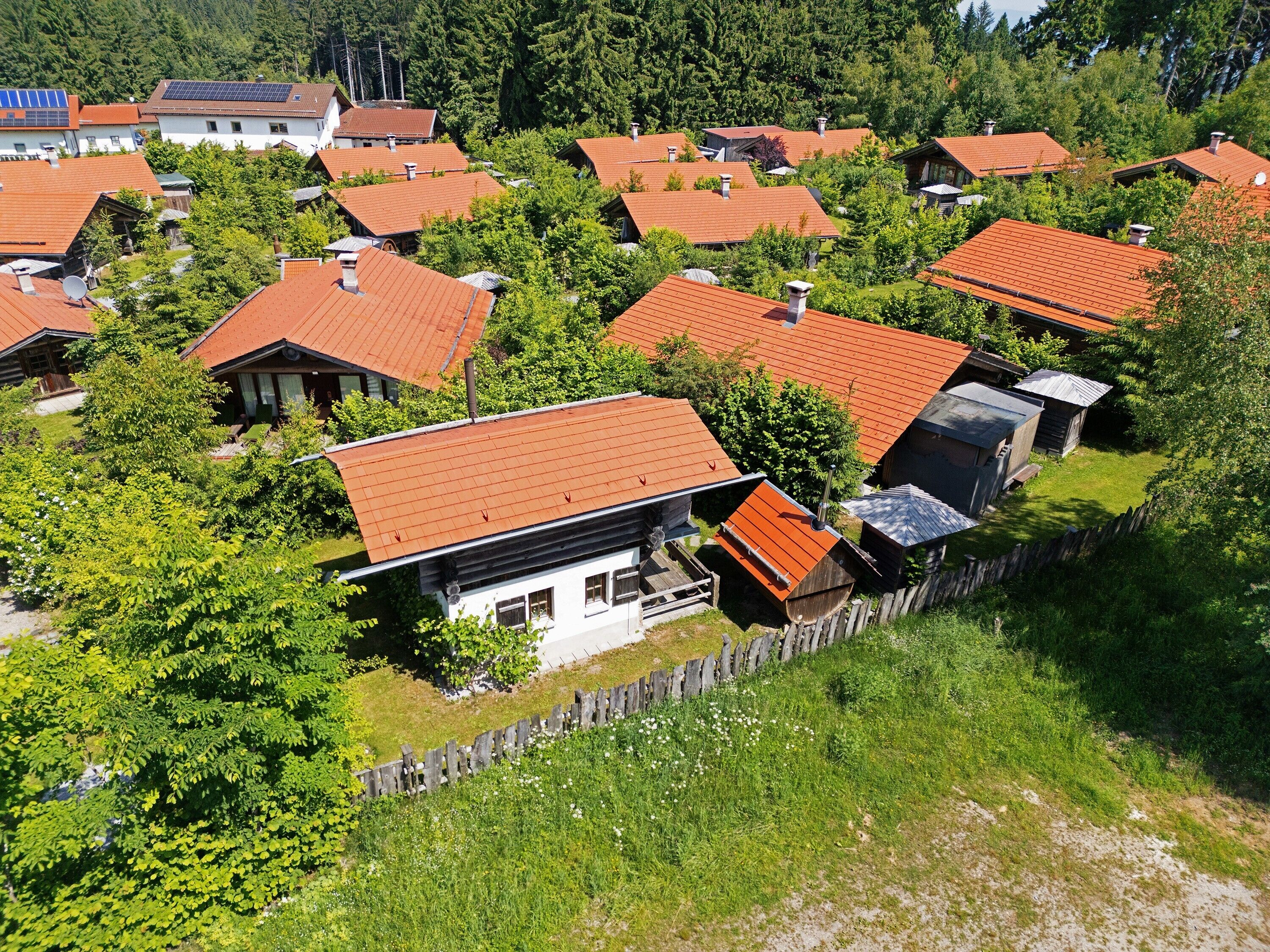 A cluster of houses with red roofs, surrounded by greenery and trees.