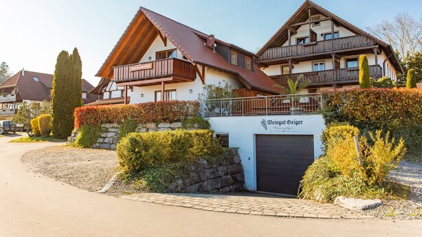 A two-story building with a sign reading 'Weingut Geiger.' - Apartment 'Haus 4' with Lake View, Shared Terrace and Wi-Fi (Meersburg)