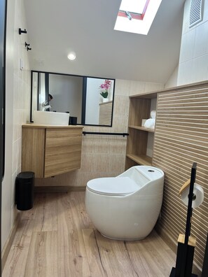 Hair dryer, towels, toilet paper