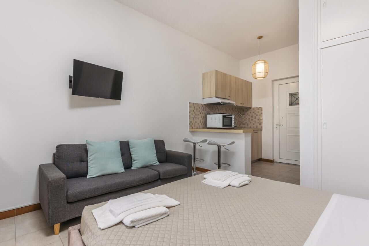 Ein modernes Zimmer mit grauem Sofa, einem Flachbildfernseher, einem Bett mit gesteppter Bettdecke und einer Küchenzeile inklusive Mikrowelle und Pendelleuchte.
