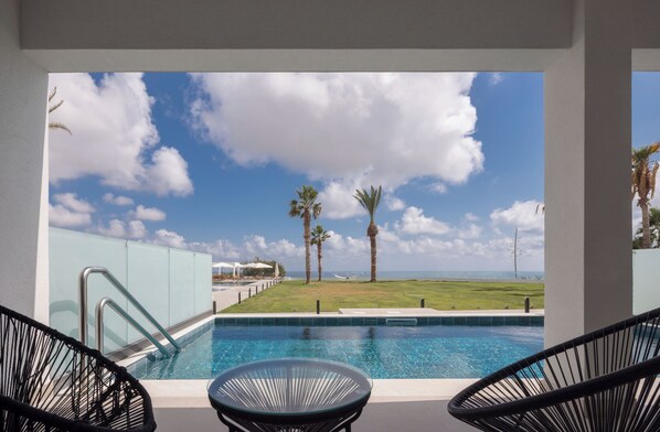 Zona de piscina con vista al océano, palmeras y cielo despejado.