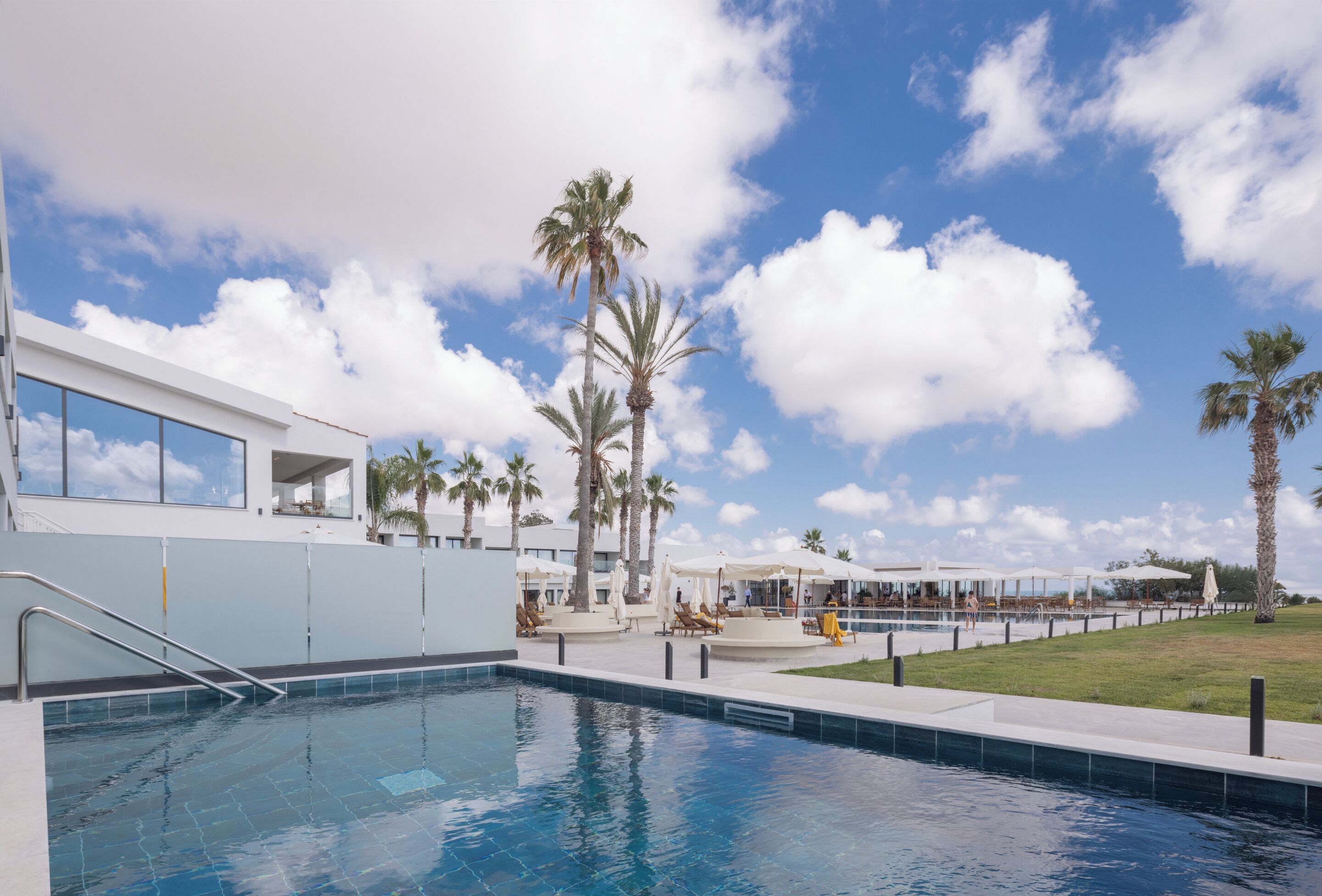A swimming pool with a clear blue sky and palm trees in the background.