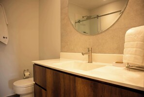 Shower, hair dryer, towels, shampoo