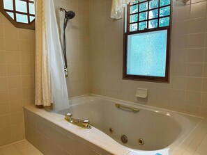 Shower, hair dryer, towels