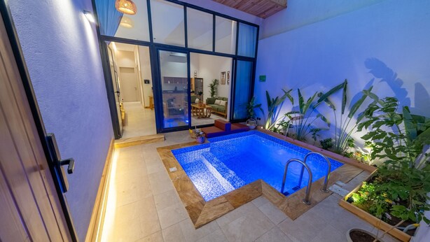 Una piscina con borde de baldosas, rodeada de plantas en macetas y un muelle de madera.