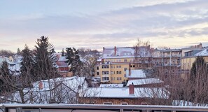 A residential area with multi-story buildings, some with visible chimneys and snow on the roofs. - Art meets the Classical City - Sunny Roof Apartment in Weimar's Best Location (Weimar)