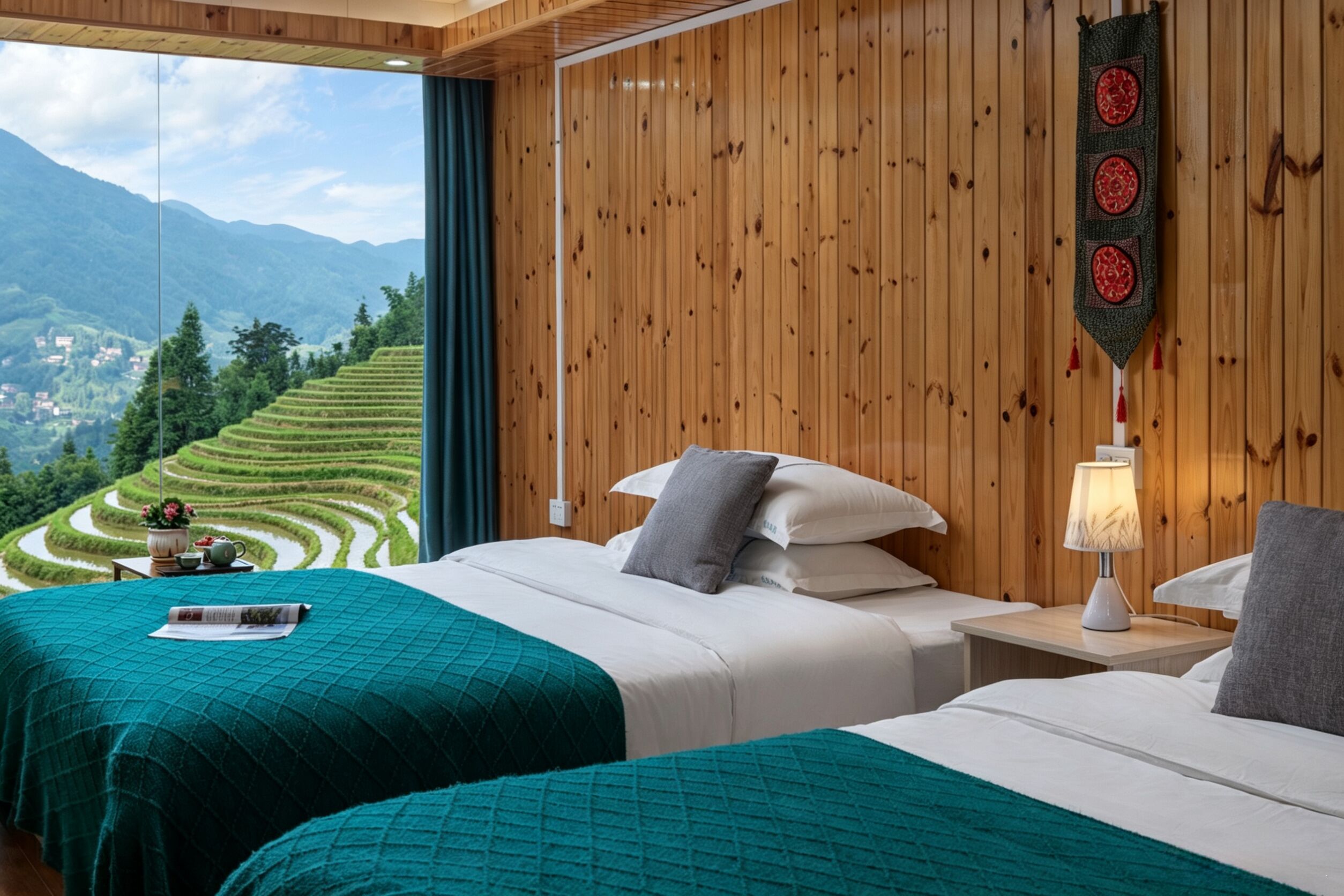 A hotel room with two beds, a wooden wall, a view of terraced fields, and a hanging decorative piece.